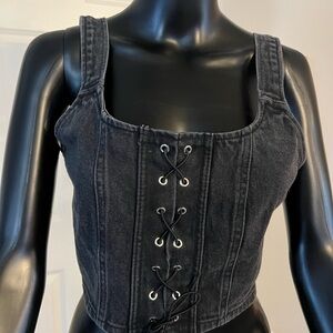 Black Denim Lace-Up Corset Top